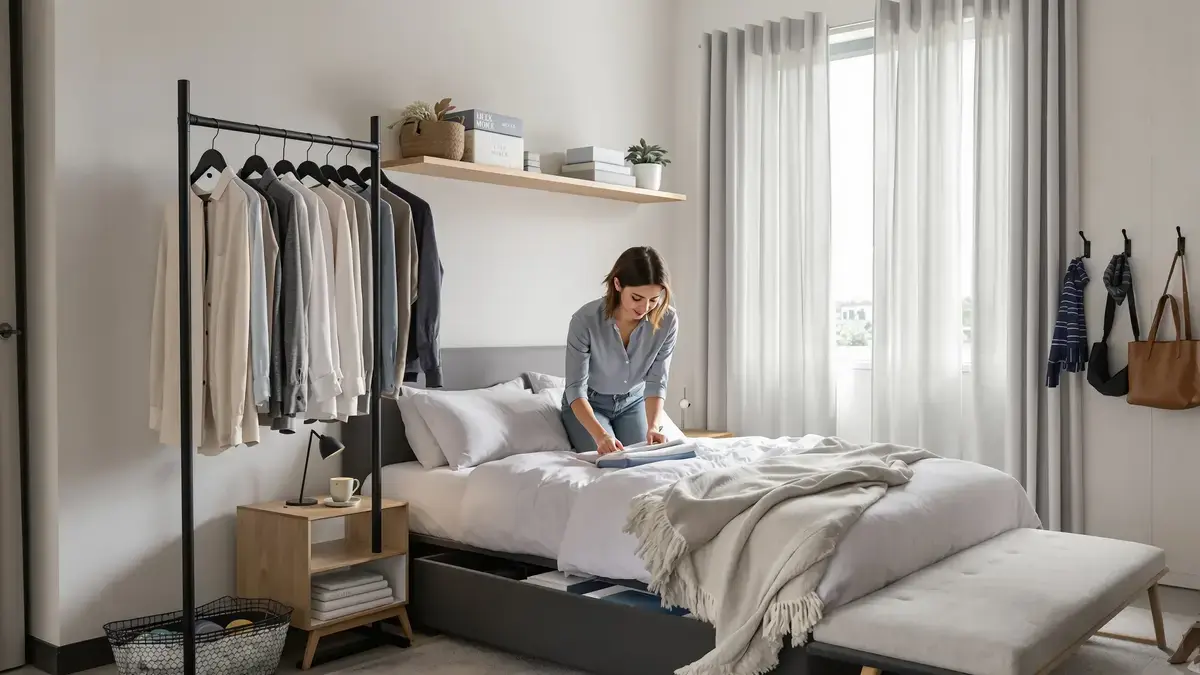 Questi 7 trucchi per la camera permettono di risparmiare spazio senza bisogno di un armadio